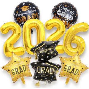 2026 Graduation Party Decorations - 9 Pcs Black Gold Graduation Foil Balloons Set Congrats Grad 2026 Graduation Cap Balloons for Graduation Decorations Class of 2026