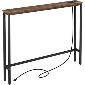 ELYKEN 5.9" Narrow Console Sofa Table with Power Outlets and USB Port, 5.9" Dx39.4 Wx31.1 H Long Behind Couch Table with Metal Frame and 6.5 Extension Cord, Rustic Brown
