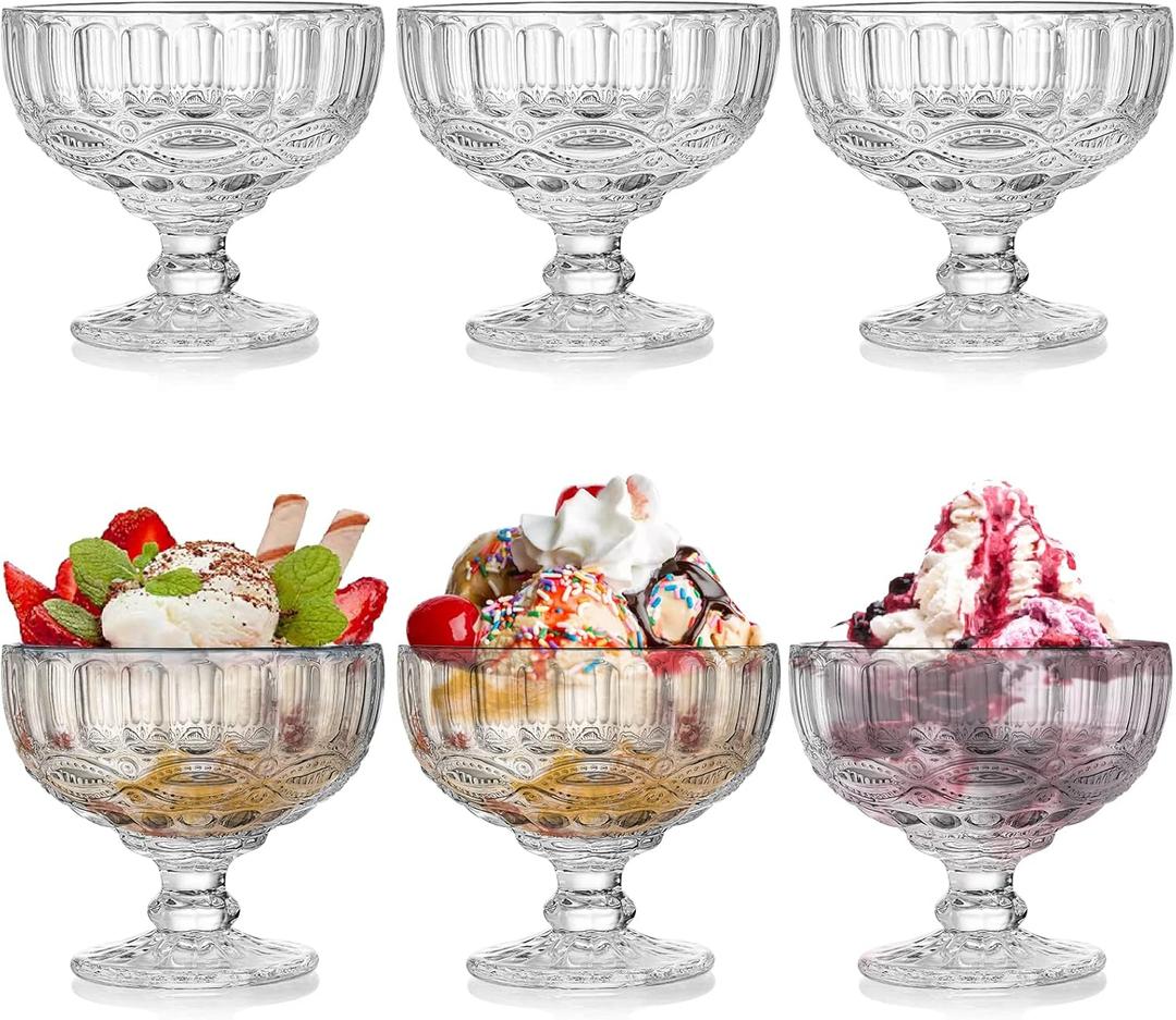 Youeon 6 Pcs Glass Ice Cream Bowls, 12 Oz Large Glass Dessert Bowls, Vintage Footed Sundae Cups Ice Cream Cups for Dessert, Sundae, Trifle, Fruit, Salad, Snack, Cocktail
