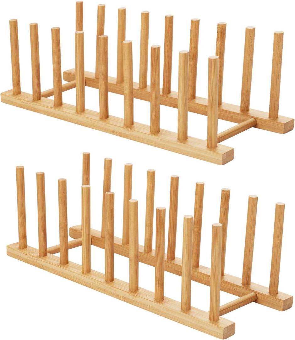 HBlife 2pcs Bamboo Dish Plate Bowl Cup Book Pot Lid Cutting Board Drying Rack Stand Drainer Storage Holder Organizer Kitchen CabinetKeep Dry, 8 Slots 2pcs