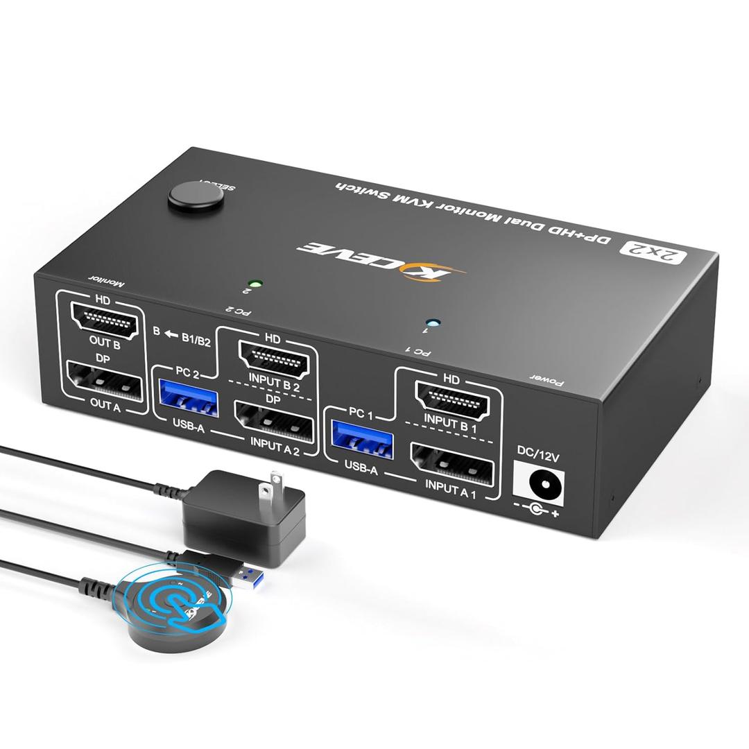 8K@60Hz HDMI+Displayport KVM Switch 2 Monitors 2 Computers,USB 3.0 KVM Switches Dual Monitor for 2 Computer Share 2 Monitor and 4 USB Ports,with Wired Remote,12V Power Adapter and USB Cables