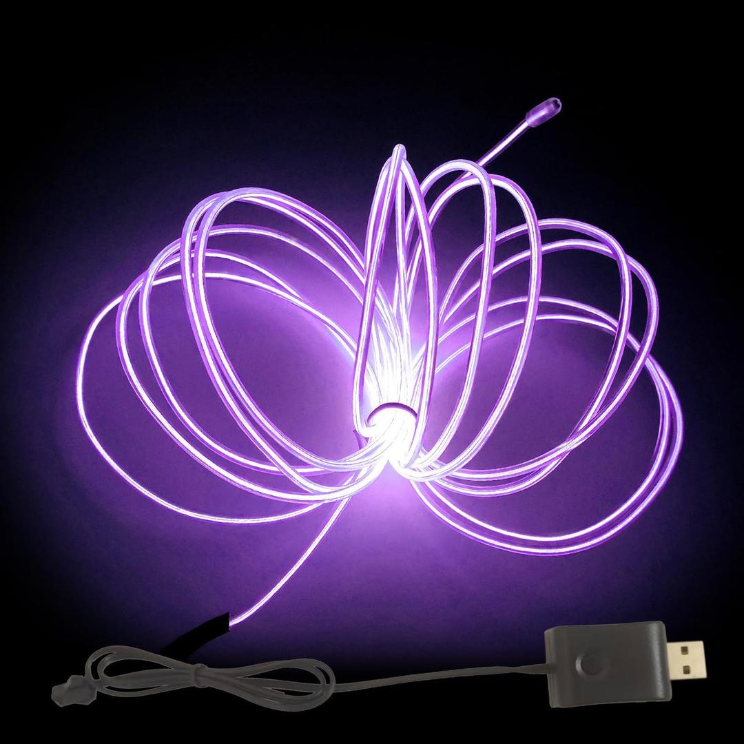 MaxLax EL Wire Purple, 16.4ft/5m USB 5V Adapter Neon Lights Strip 360 Cuttable Glowing Rope Lights for Parties, Halloween, DIY Decoration