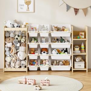 EXPERLAM 3-in-1 Toy Storage Organizer, Stuffed Animal Holder & 3-Tier Bookcase, Solid Wood Toy Organizer with 12 Storage Bins, Space-Saving Toy & Book Shelf for Kids Rooms, Bedroom, Playroom, White, Large