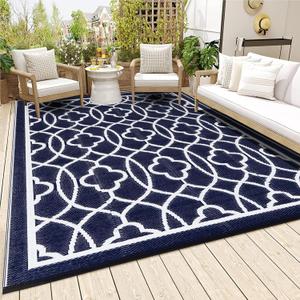 Pendolr Outdoor Rugs 9x12 for Patios Clearance - Waterproof Reversible Indoor Outdoor Rugs Carpet, Portable Plastic Straw Rug for RV Camping, Picnic, Beach, Porch, Deck(01#,Navy&White)