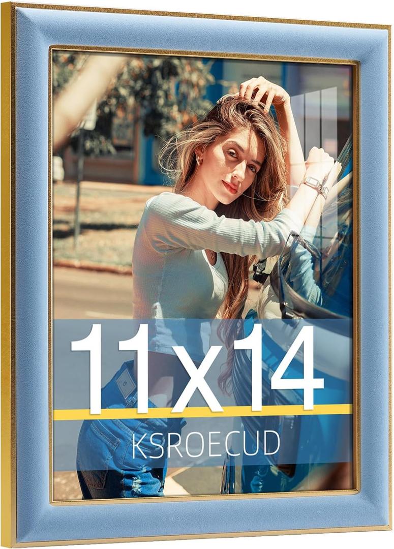 11x14 Velvet Picture Frame, Spruce Blue 11x14 Velvet Photo Frame with Vintage Gold Border, 11 by 14 Poster Frame with HD Real Glass Horizontal & Vertical Display for Tabletop and Wall Decor (1 Pack)