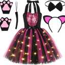 Black Cat Costume for Girls LED Light Up Dress with Ears Headband Lavaliere Claw Holder Tail Bowtie Tutu