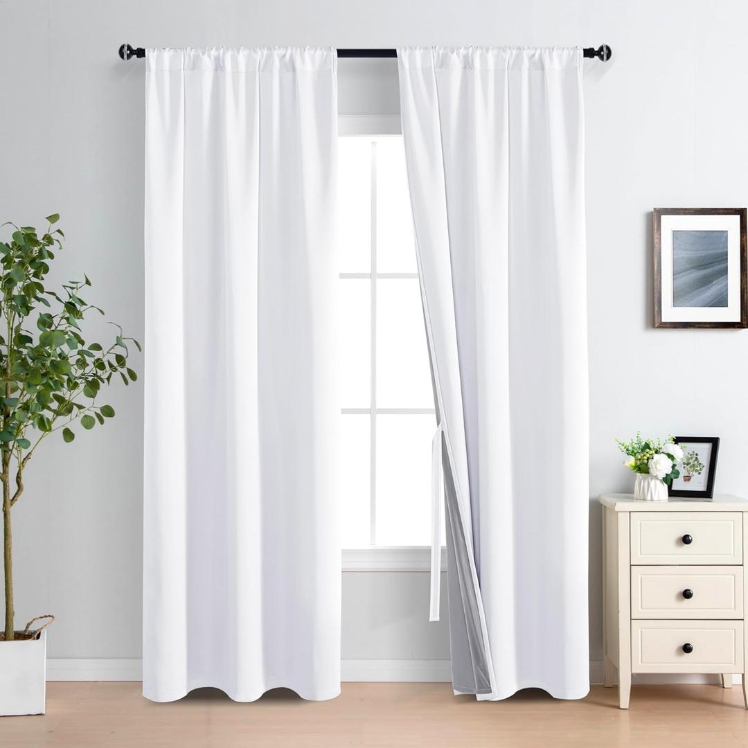 XWZO 100% White Blackout Curtains with Tiebacks - Heat and Full Light Blocking Rod Pocket Window Panels for Bedroom/Nursery, 84 Inches Long Thermal Insulated Draperies, White, W38 x L84, Set of 2