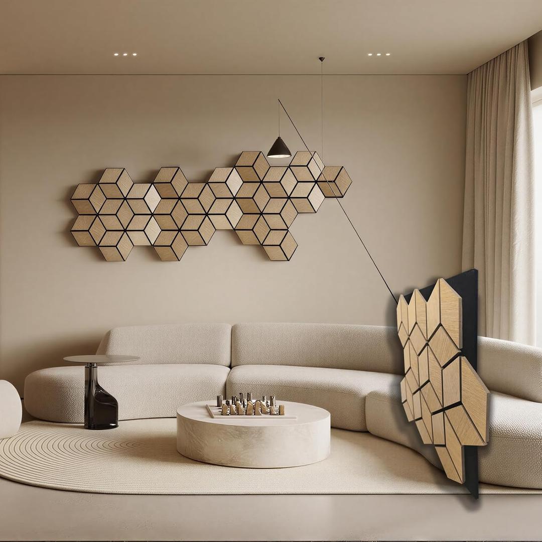 23.6" x 23.6" Acoustic Panels – Real Wood Veneer Full Wall Sound Absorbing Panels, Waterproof Y-Line Design for Home Theater, Studio & Office – Walnut (1 Pack)