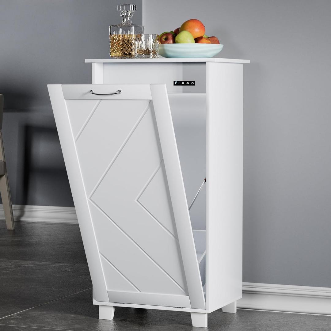 VECELO Tilt Out Kitchen Trash Bin Cabinet, Dog Proof Garbage Can with Wood Holder Free Standing Recycling, White (Single)