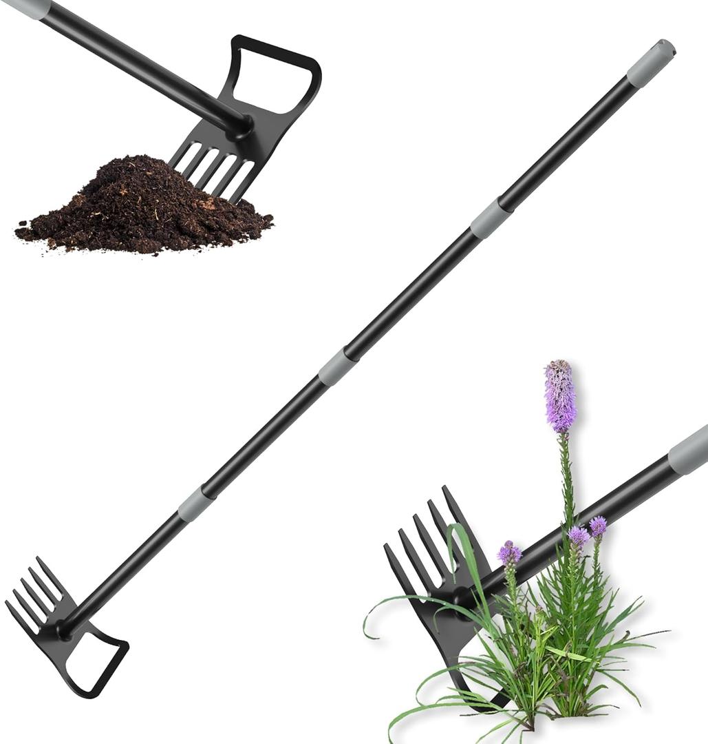 Garden Hoe - Stirrup Hoe and Rake 2 in 1, Heavy Duty Garden Hoe for Weeding with Adjustable Handle 17-60 Inch, Garden Hula Hoe with Rake, Ring Stirrup Hoe Weeder, Black