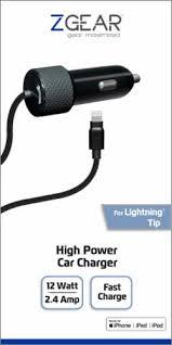 ZGEAR Fast Charge Car Charger – Lightning Tip – 12 Watt / 2.4 Amp – 6 ft (1.8m) Coil Cord