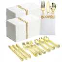 Goodluck 400 PCS Gold Plastic Silverware with Pocket Napkins for 100 Guests, Heavy Duty Disposable Cutlery Set & Linen Feel Napkins, Plastic Flatware with Guest Towels for Wedding, Party and Catering