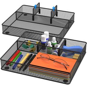 Desk Drawer Organizer Tray, Metal Mesh Drawer Organizers Office, 4 Grid with Adjustable Compartment, Desk Organizer Tray for Home Office 12x10.6x1.9 inch Black, 2 Pack