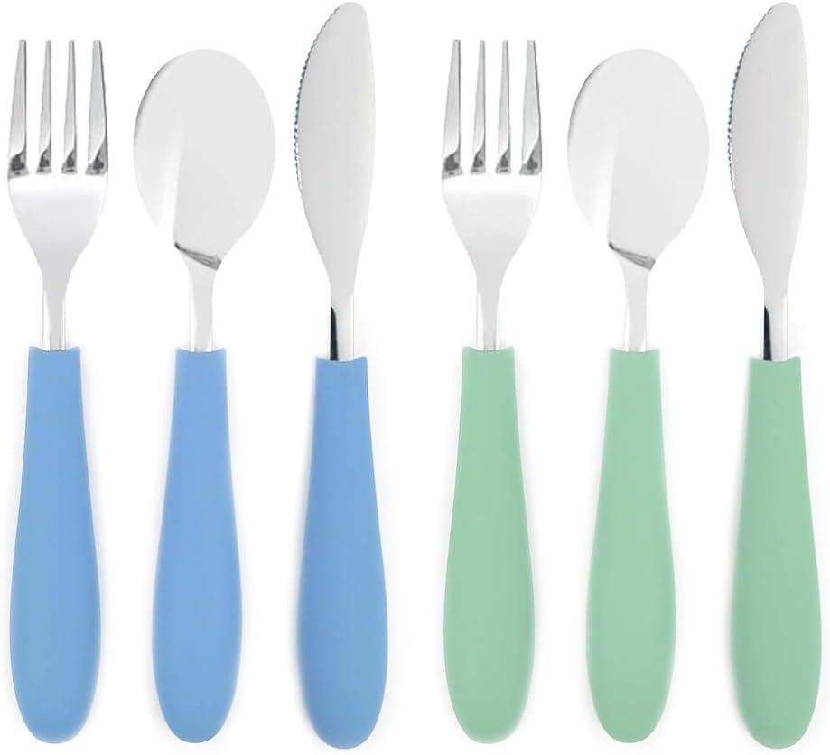 Elk and Friends Kids Silverware with Silicone Handle | Childrens Safe Flatware | Kids Utensils | Spoon + Fork + Knife set | 4 years+ | 6 Pieces (Sage/MistyBlue)