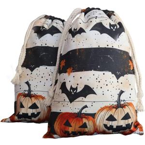 Halloween Bag 2 Pieces Printed Storage Drawstring Canvas Bag Halloween Theme Pumpkin Bat (Beige)