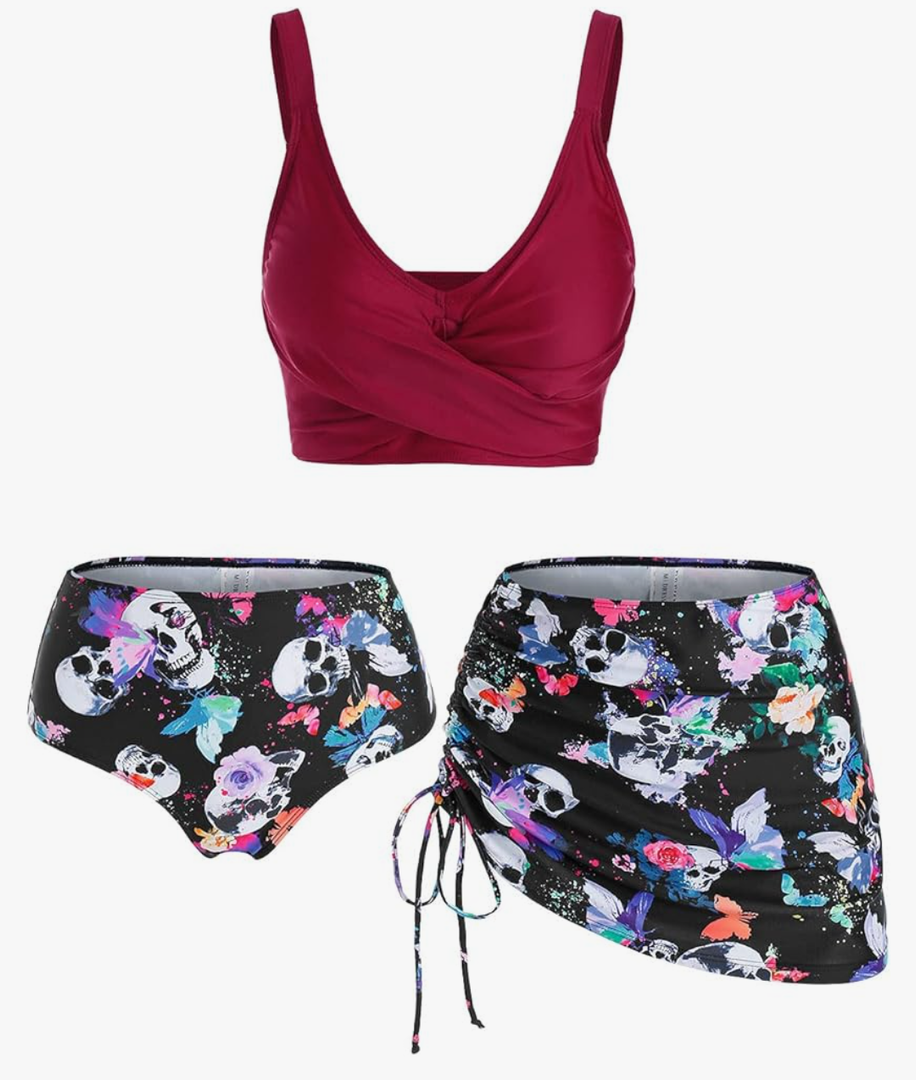 DRESSFO Women's High Waisted Bikini Sets with Cover Up Skirt 3 Piece Gothic Skull Swimsuit Padded Tummy Control Bathing Suit, XXXL