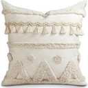 Throw Pillow Covers 18x18 - Tufted Boho Decorative Pillow Cover with Zipper for Couch Sofa Bed Living Room Aesthetic Soft Farmhouse Textured Striped Indoor Pillowcase, Cream Tassel