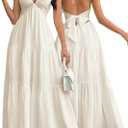 Narecte Women's Maxi Summer Dresses Halter V Neck Beach Dresses for Women A-Line Casual Dress for Vacation (Medium, Beige)