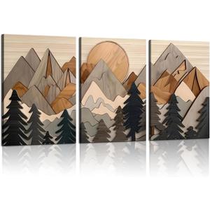 Set of 3 Mountain canvas Wall Art Large Forest Wall Decor pictures Woodcut Wooden Landscape poster Prints Abstract Landscape Nature Painting for Living Room Bedroom Office (16x24in canvas), 16inx24in canvas