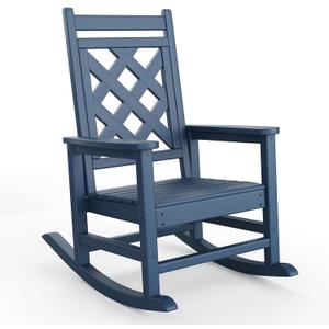 GarveeLife Outdoor Rocking Chair Set of 1, HDPE Weather Resistant Patio Rocking Chair Porch Rocker with Wood Texture & 380 LBS Support for Deck, Pool, Backyard, Navy Blue