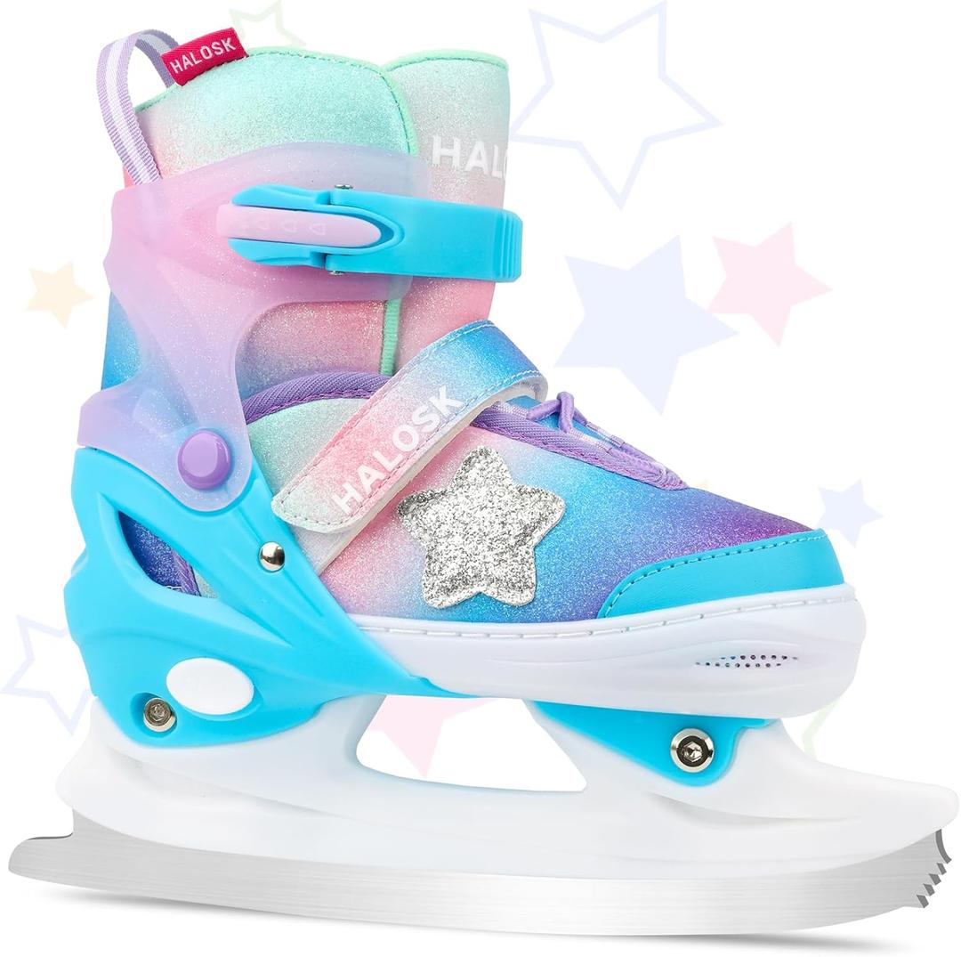 Girls Ice Skates for Kids Boys, Adjustable Kids Skates for Outdoor Indoor Rink, Rainbow Soft and Comfortable Lining Ice Skating Shoes Ages 3-12 Youth (Small - Litter Kids, Blue)