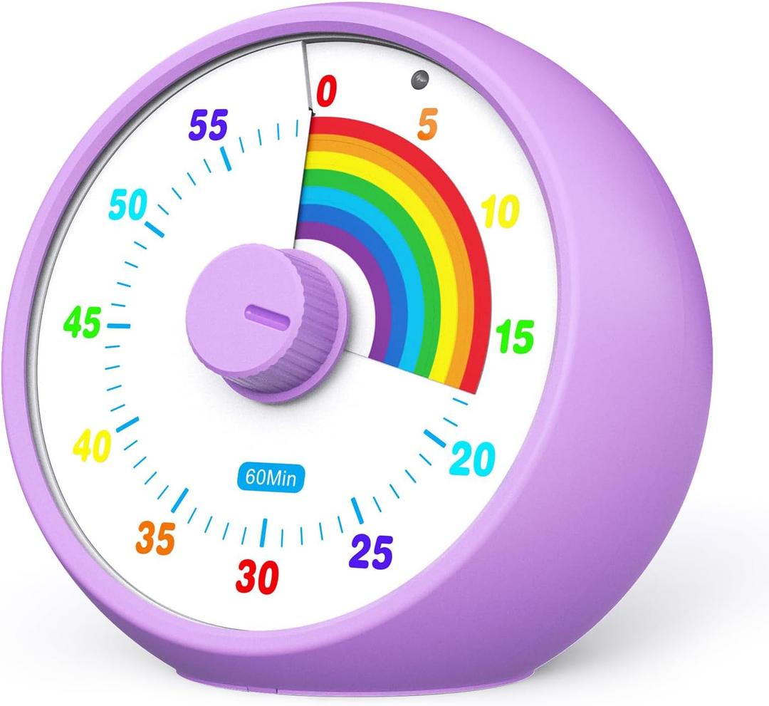 Visual Timer for Kids, 60-Minute Countdown for Classroom Office Kitchen, Desk Timer Kids Time Management Tools with Silent Operation, Pomodoro Timer Rainbow Pattern Purple