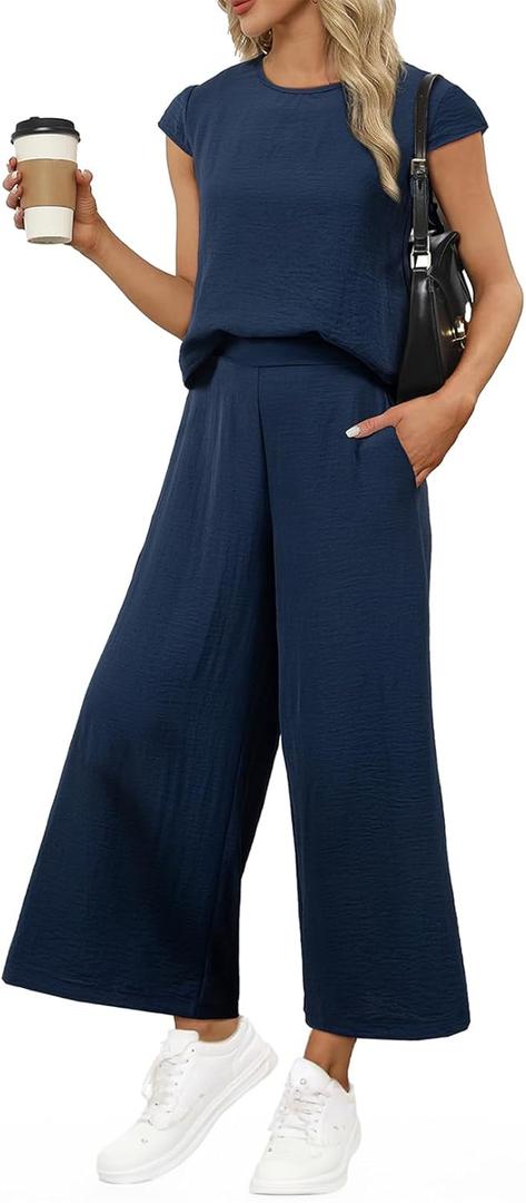 EVALESS Women's Summer 2 Piece Outfits Fashion 2025 Cap Sleeve Top and Wide Leg Pants Matching Set Vacation Outfits (Large, Navy Blue)