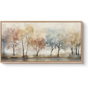 Bzstyleart Large Wood Framed Fall Wall Art Watercolor Trees Print Abstract Autumn Landscape Painting Canvas Forest Farmhouse Picture Aesthetic Room Decor Countryside Wall Decor for Living Room 20x40in