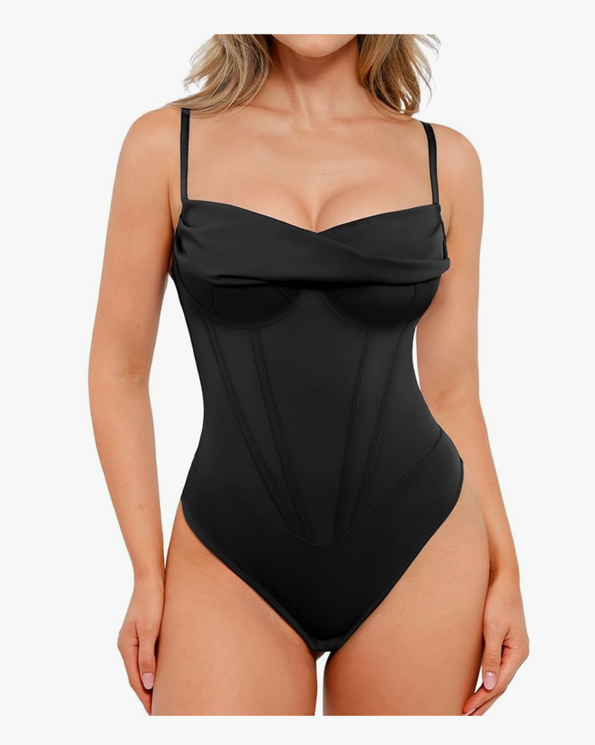 Popilush Corset Bodysuit for Women Tummy Control Shapewear Cowl Neck Tops Concert Outfits Thong Bodysuits Medium