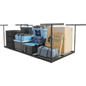 FLEXIMOUNTS 4x8 Overhead Garage Storage Rack, Adjustable Garage Storage Organization Systerm, Heavy Duty Metal Garage Ceiling Storage Racks, 600lbs Weight Capacity, Black