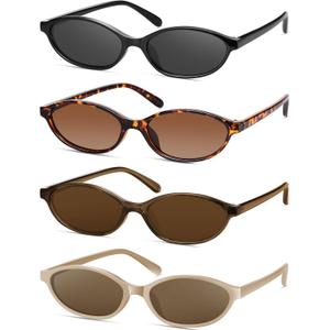 Retro Oval Cat Eye Sunglasses for Women Y2k Designer Trendy Narrow Shades UV protection Sun Glasses (4packblack/Gray+tortoise/Gradient Tea+brown/Brown+khaki/Tea))
