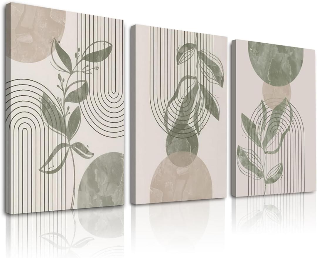 Aroutde Sage Green Boho Wall Art, Framed Canvas Wall Art Minimalist Botanical Geometric Line Leaf Sun Moon Beige Poster Prints Aesthetic Room Decor for Living Room Bedroom Set of 3 (30x40CM)