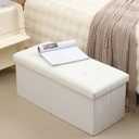 Storage Ottoman Bench Foldable Seat Footrest Shoe Bench End of Bed Storage with Flipping Lid, 75L Storage Space, 30 inches Linen Fabric White, OT026WS