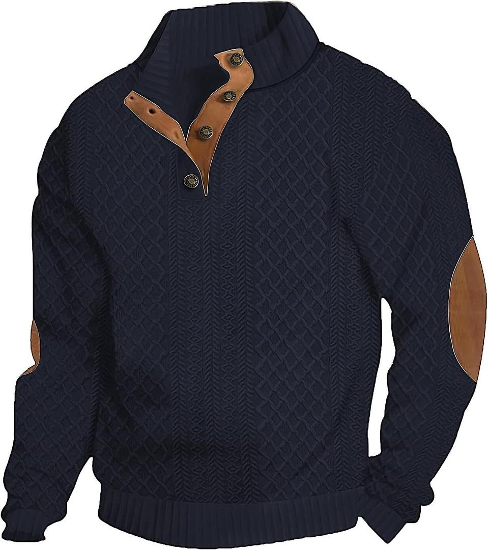 Men's Casual Sweatshirt Pullover Sweater Casual Long Sleeve Stand Collar Quarter Button Sweaters (Medium, Navy)