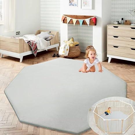 HOMBYS Memory Foam Baby Play Mat Extra Thick for Playpen, 61x61 Portable Octagon Playpen Mat for Kids, Toddler Crawling & Play, Super Soft Velvet with Non-slip Backing Baby Playpen Mat, Light Grey
