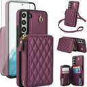 Phone Case for Samsung Galaxy S21 5G 6.2 inch Wallet Cell Cover with Tempered Glass Screen Protector Wrist Crossbody Strap Lanyard RFID Blocking Credit Card Holder S 21 21S G5 Women Girls Dark Purple