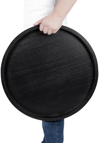 Round Ottoman Coffee Table Tray for Living Room Wood Serving Tray Large 20 x 20 Inches Black