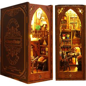 ISSEVE DIY Book Nook Kit, 3D Wooden Puzzle DIY Miniature House Kit for Booknook Shelf Insert Decoration, Magic Book House Stand Bookshelf Dollhouse for Adults with Sensor Light (Library of Books)