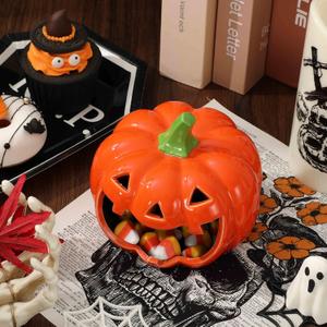 JarThenaAMCS Halloween Candy Dish Holder Pumpkin Ceramic Dish Orange Black Jack-O-Lantern Candle Holder for Trick or Treat Halloween Tired Tray Decor
