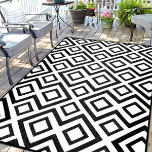Outdoor Rug Mat for Patio, 9x12ft Waterproof Reversible Plastic Straw Rugs, Camping Carpet Area Mats for RV, Porch, Deck, Backyard, Balcony, Camper, Trailer, Black & White (9 x 12 Feet, F.diamond/Blackwhite)