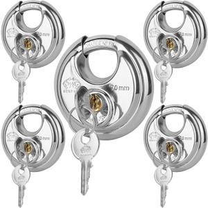 Discus Keyed Alike Padlock, 2-3/4 Inch Wide, Heavy Duty Stainless Steel Outdoor Disc Lock with Key for Storage Unit, Garages, Fence and Sheds, 5 Pack (Silver)