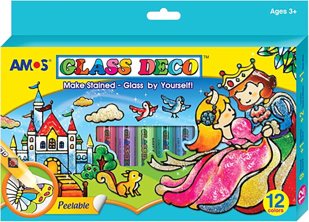 AMOS Glass Deco Window Art Kit  10.5 ml x 10 Colors  Black & Gold Liners, 3 Vinyl Sheets & Pattern Templates, Glue Stick, DIY Stained Glass Paint Set for Kids