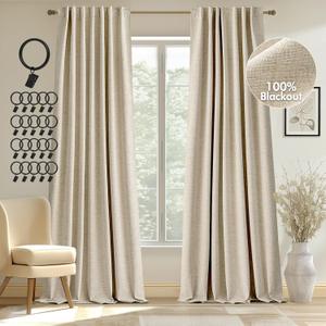 100% Blackout Linen Curtains 84 inches Long 2 Panels Back Tab Bedroom Drapes Living Room Black Out Window Treatments Thermal Insulated Room Darkening Rod Pocket, Natural Cream Beige