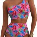 Herseas Women's High Waisted Bikini Sets One Shoulder Floral Print Swimsuits 2 piece Tummy Control Bathing Suits (Pink, L)