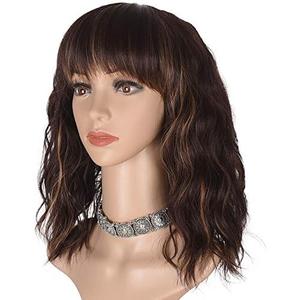 morvally Short Mix Brown Wavy Bob Wig with Bangs for Women 16 Inches Natural Synthetic Hair Wavy Wigs
