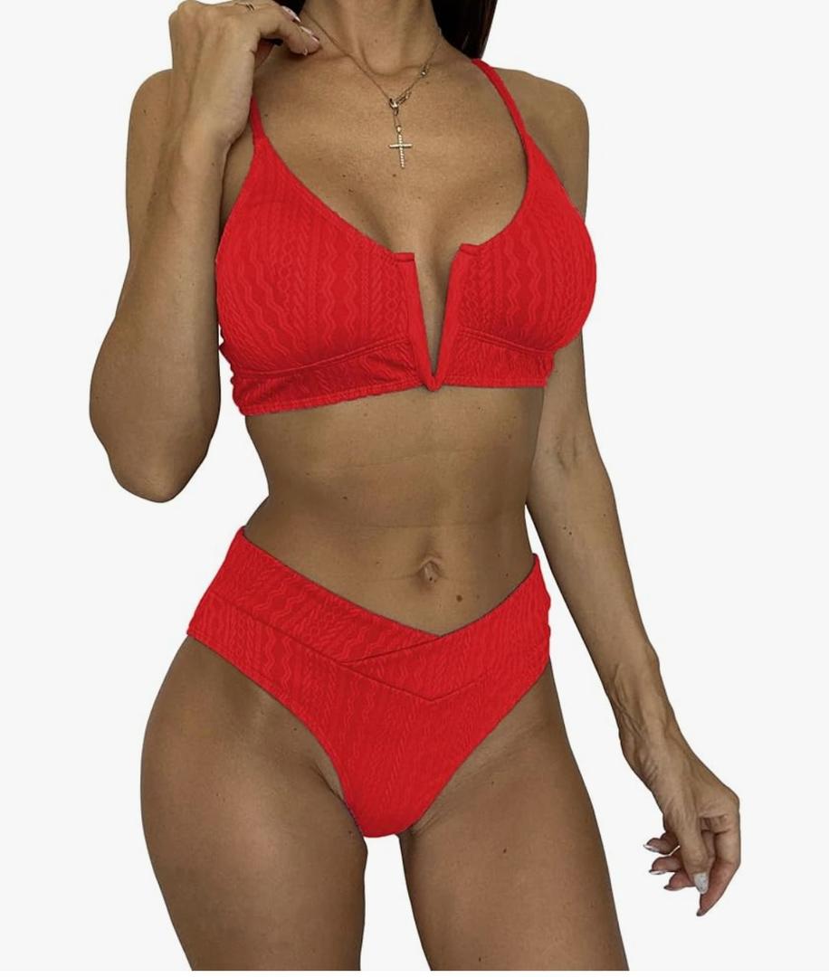 Women's V Cut High Waisted Bikini Ribbed V-Wired Cami Two Pieces Swimsuit S