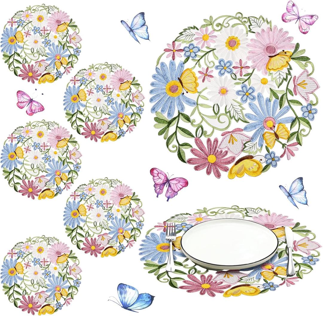 Tudomro 6 Pcs 14'' Spring Round Placemats Easter Flower Embroidered Doilies Daisy Table Placemat for Home Dining Holiday Kitchen Table Decoration