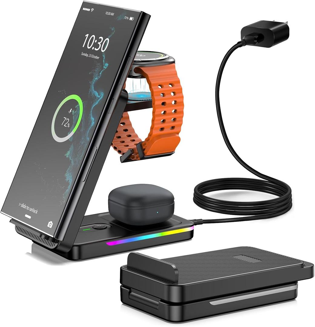 Wireless Charger for Samsung, 3 in 1 Wireless Charging Station for Samsung Galaxy S25 Ultra/Z Fold7/Flip7/S24, Foldable Charger for Samsung Galaxy Watch 8/Ultra/7/6/5, Buds (Black)