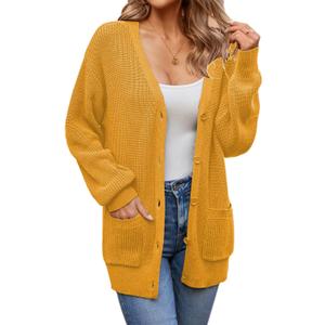 QUALFORT Women’s 100% Cotton Knit Cardigan Sweater – Oversized Fit, Button-Down Open Front, with Pockets, Large