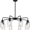 8-Light Modern Black Chandelier with Clear Glass Shades, E26 Base Farmhouse Pendant Light Fixture, Adjustable Swivel Heads Ceiling Lighting, Industrial Chandelier for Dining Room Kitchen Hallway